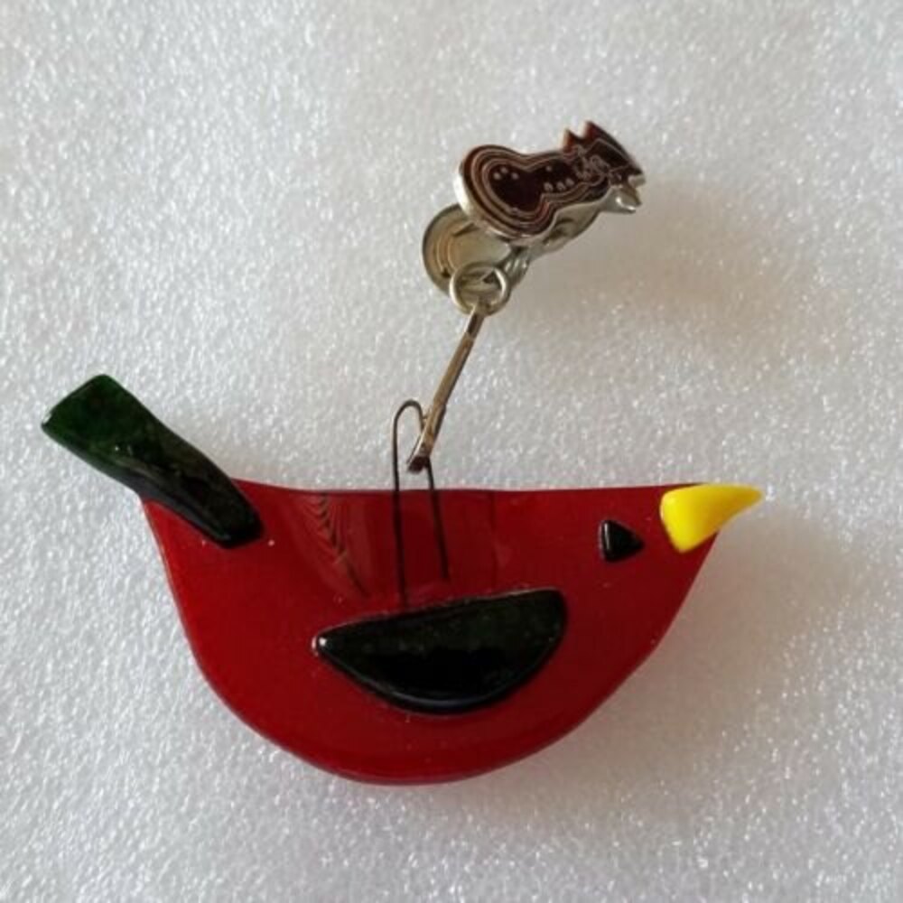 Hand Made Red Art Fused Glass Cardinal Bird Christmas Tree Ornament – 1.5"